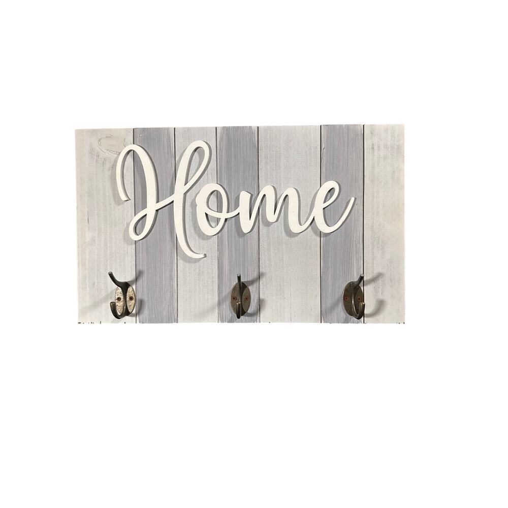 Rustic Farmhouse Wood Home Sign Wall Mount Coat Rack 3 Hooks Gray White Striped
